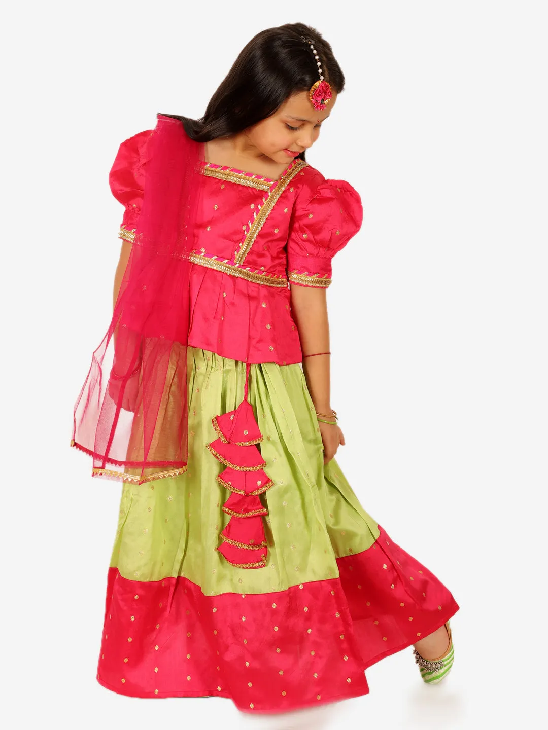 Girls Ethnic Festive Wear Puff Sleeve Choli Lehenga with Dupatta for Girls- Pink