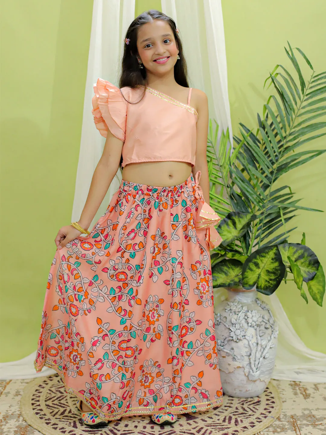 Girls Ethnic Wear Chanderi Floral Print Choli with Lehenga -Peach