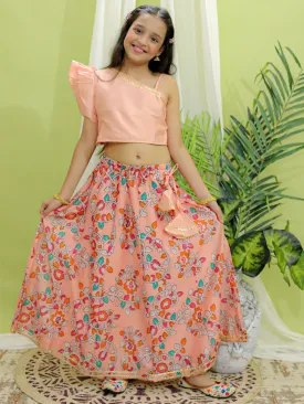 Girls Ethnic Wear Chanderi Floral Print Choli with Lehenga -Peach