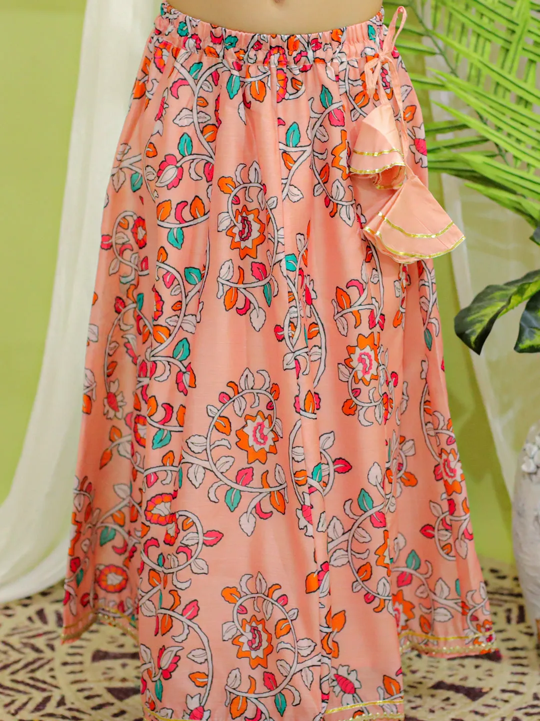 Girls Ethnic Wear Chanderi Floral Print Choli with Lehenga -Peach