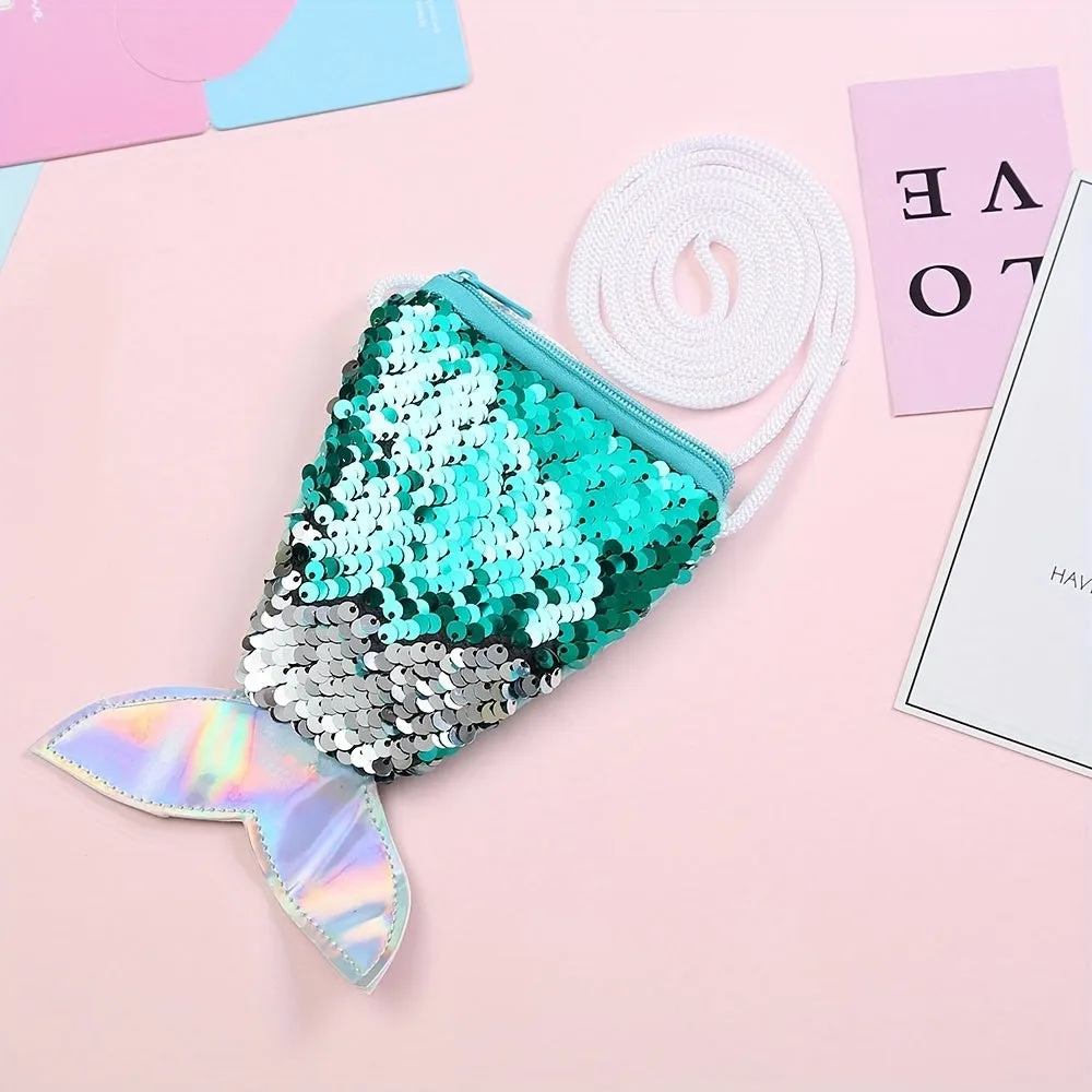 Girls Fish Tail Sequin Party Wallet with Lanyard