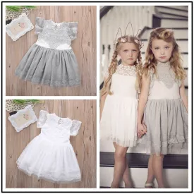 Girls Kid Baby Princess Dresses 2016 New Children Flower Party Clothing Lace Gray Pink White Floral Tulle Tutu Dress Girl Summer