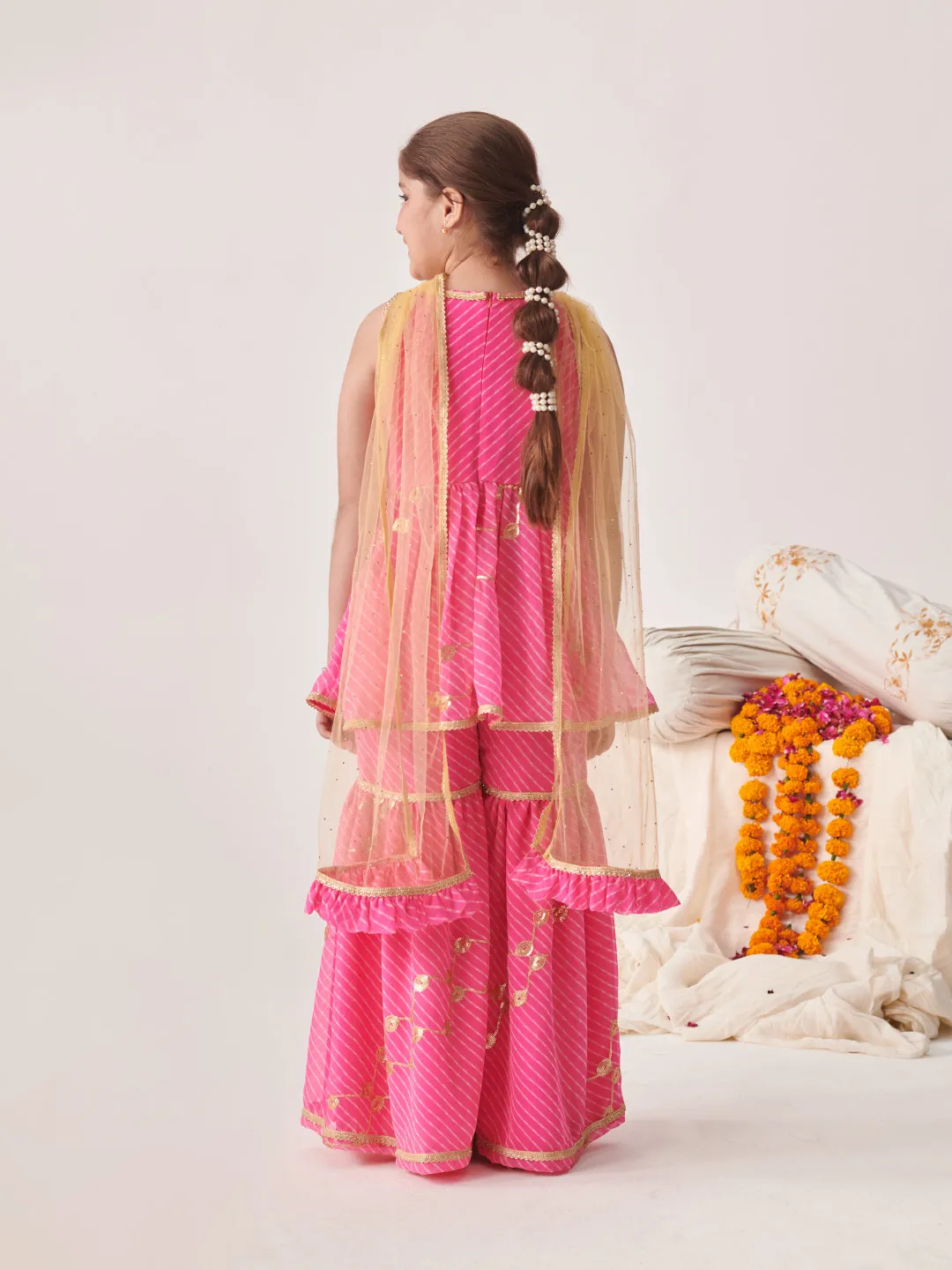 Girls Leheriya Printed Empire Sequinned Kurta With Sharara With Dupatta