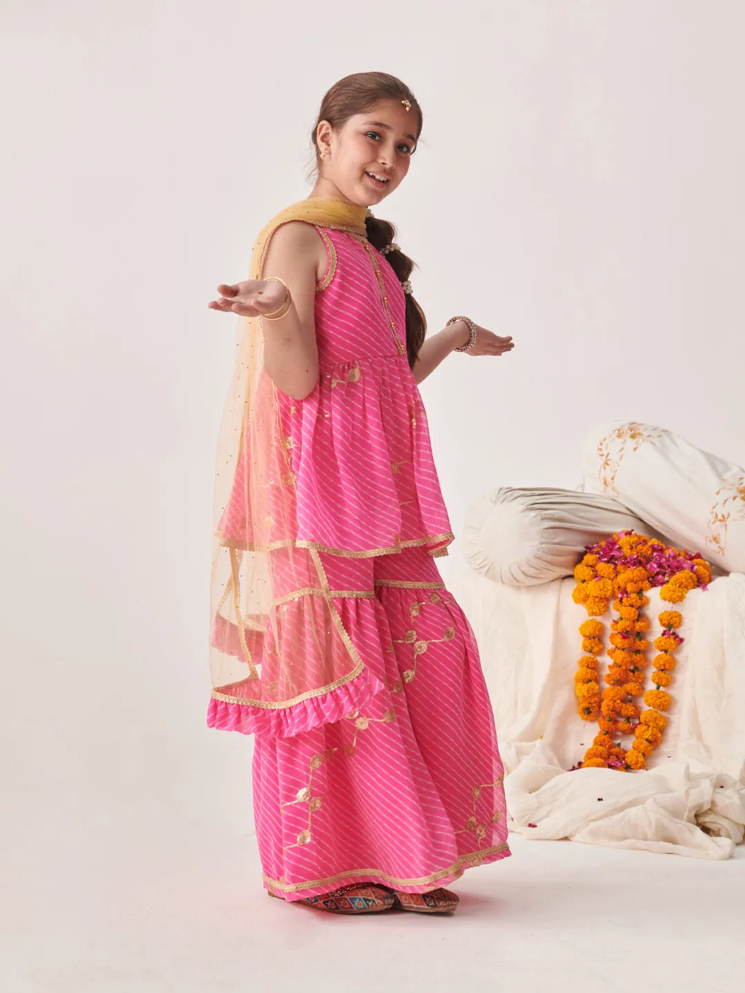 Girls Leheriya Printed Empire Sequinned Kurta With Sharara With Dupatta