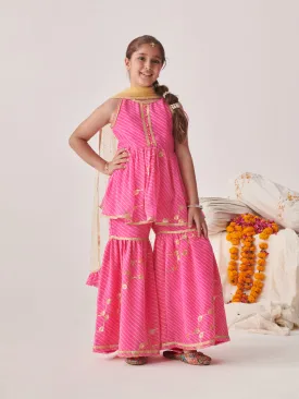 Girls Leheriya Printed Empire Sequinned Kurta With Sharara With Dupatta