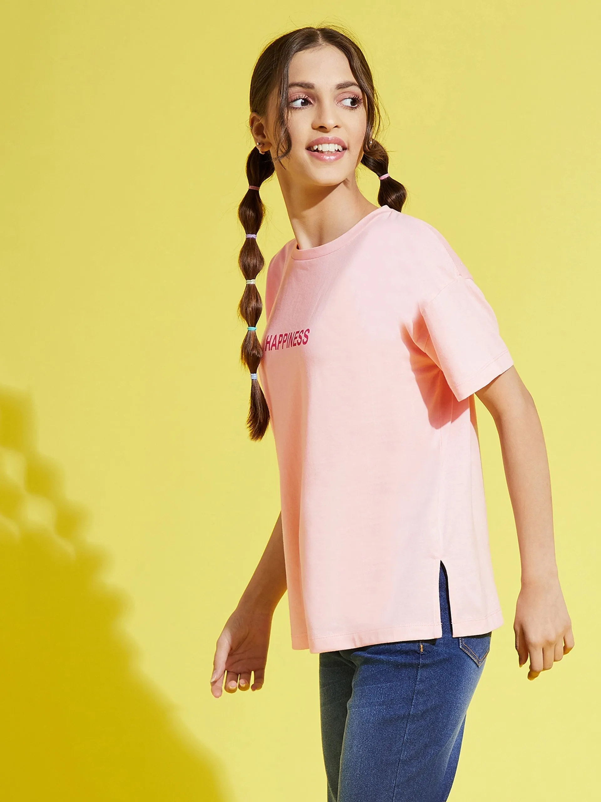 Girls Pale Pink Happiness Drop Shoulder T-Shirt