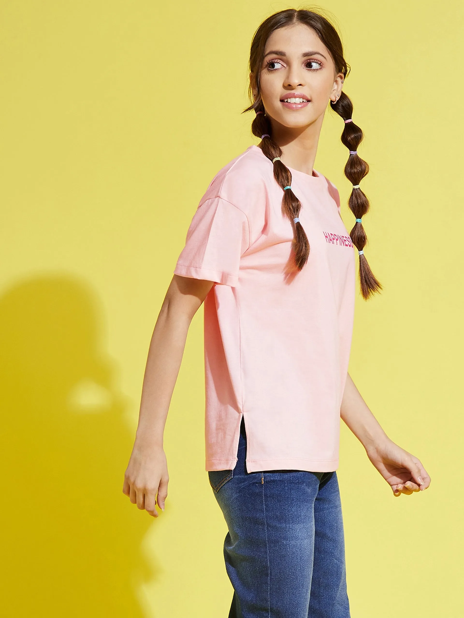 Girls Pale Pink Happiness Drop Shoulder T-Shirt