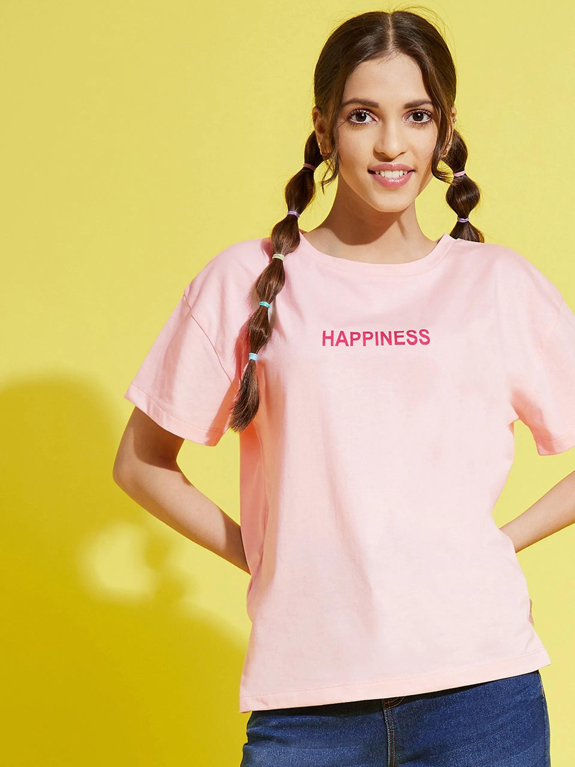 Girls Pale Pink Happiness Drop Shoulder T-Shirt