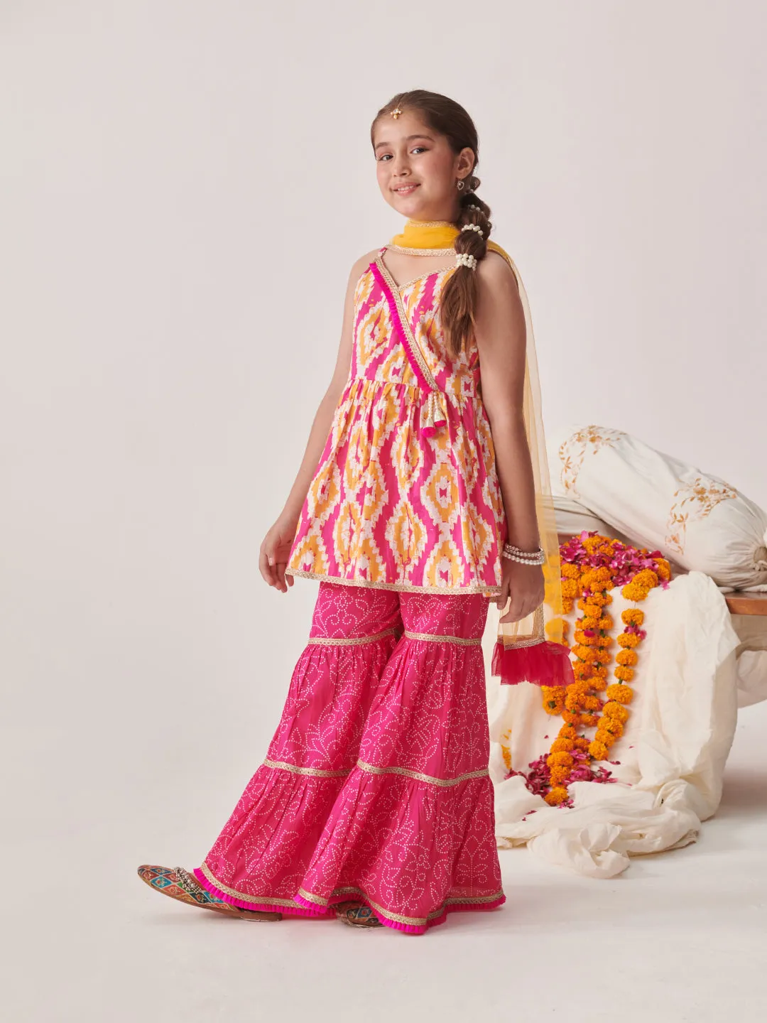 Girls Printed Angrakha Gotta Patti Kurti With Sharara & With Dupatta