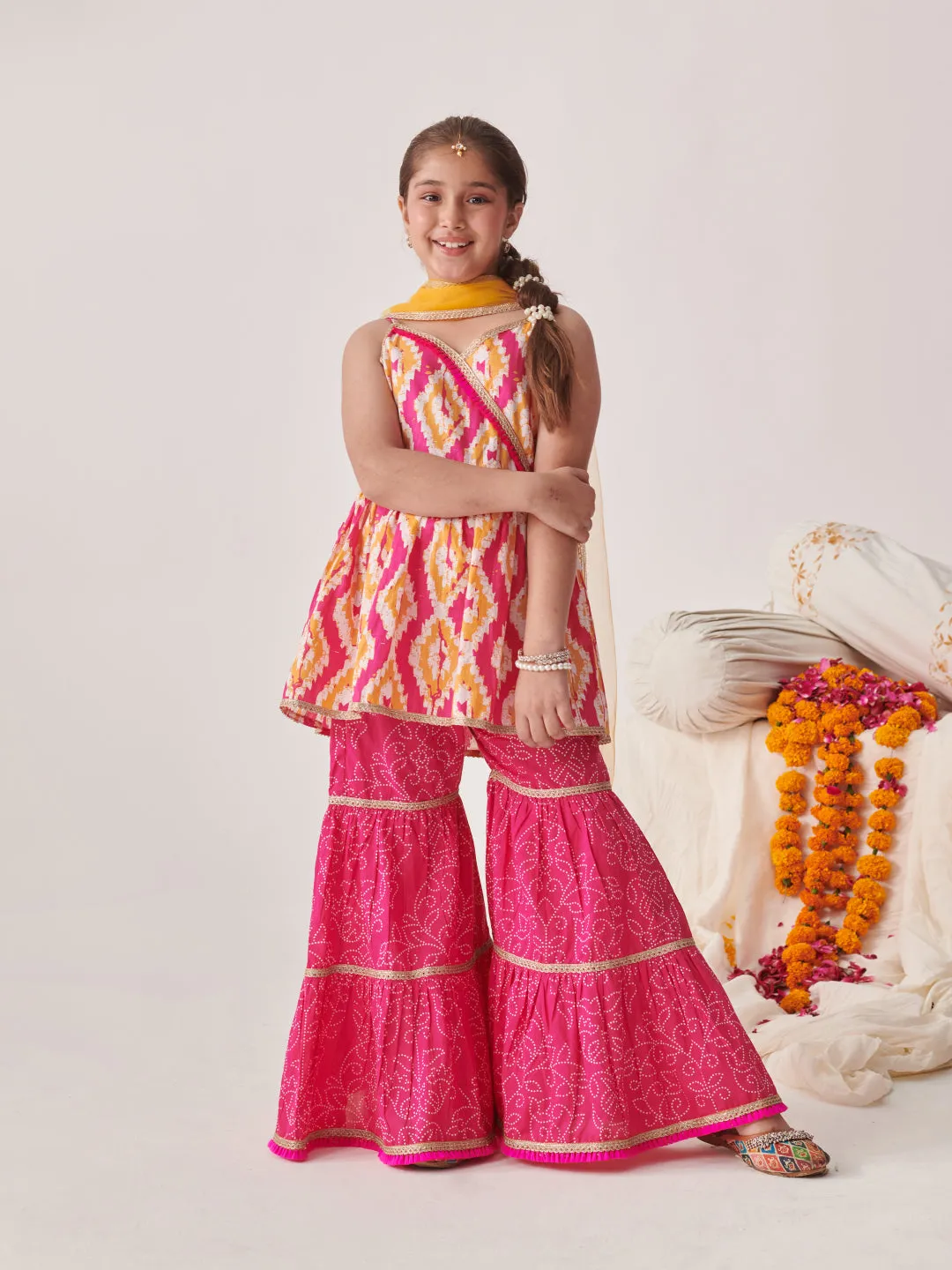 Girls Printed Angrakha Gotta Patti Kurti With Sharara & With Dupatta