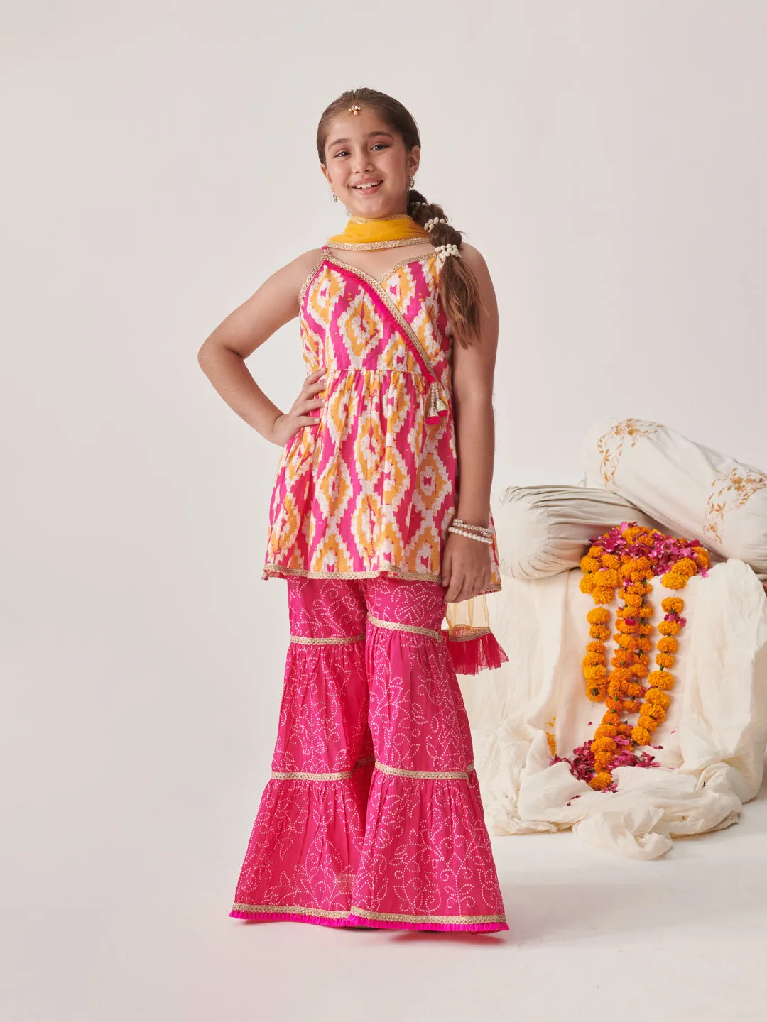 Girls Printed Angrakha Gotta Patti Kurti With Sharara & With Dupatta