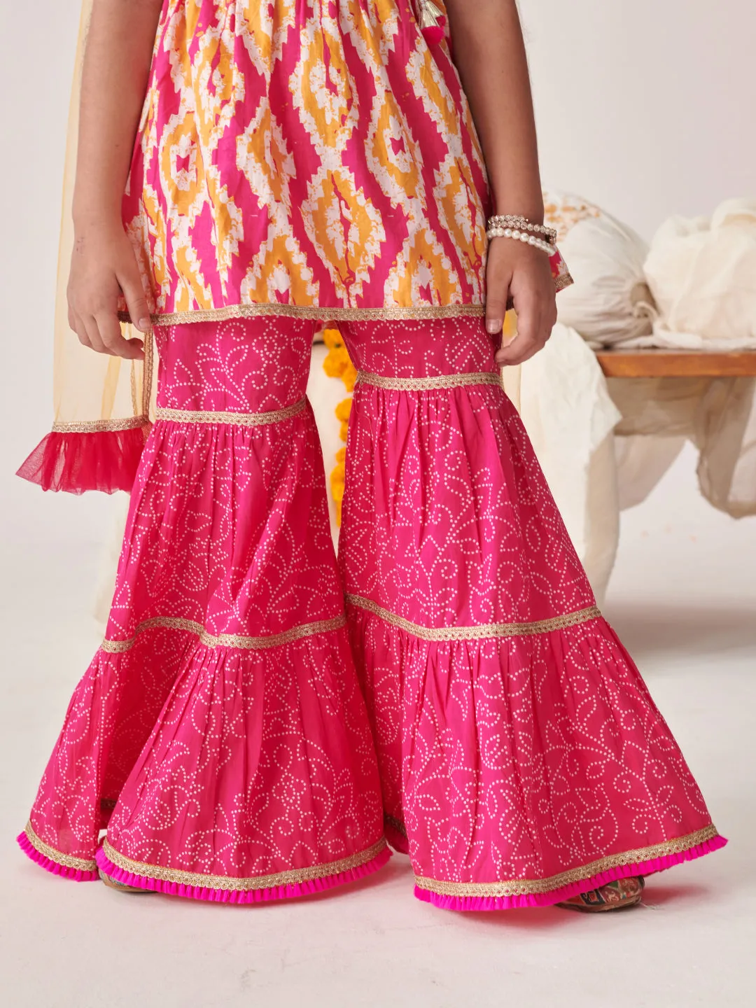 Girls Printed Angrakha Gotta Patti Kurti With Sharara & With Dupatta