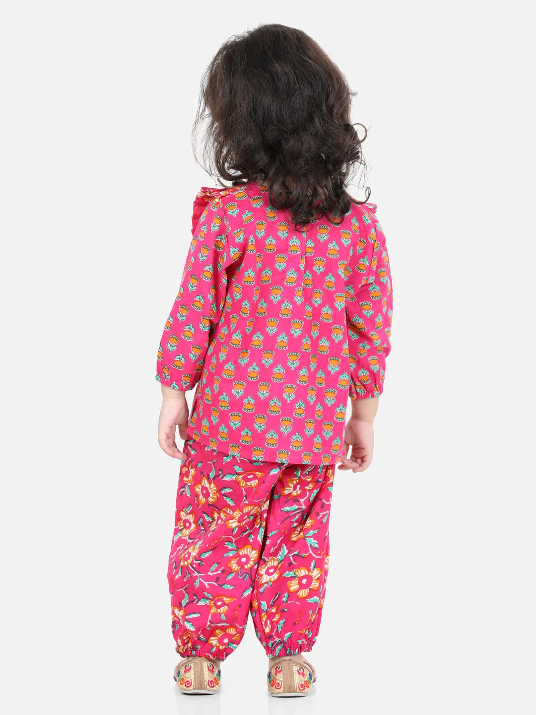 Girls Pure Cotton Printed Top Harem pant Indo Western Clothing Set - Pink