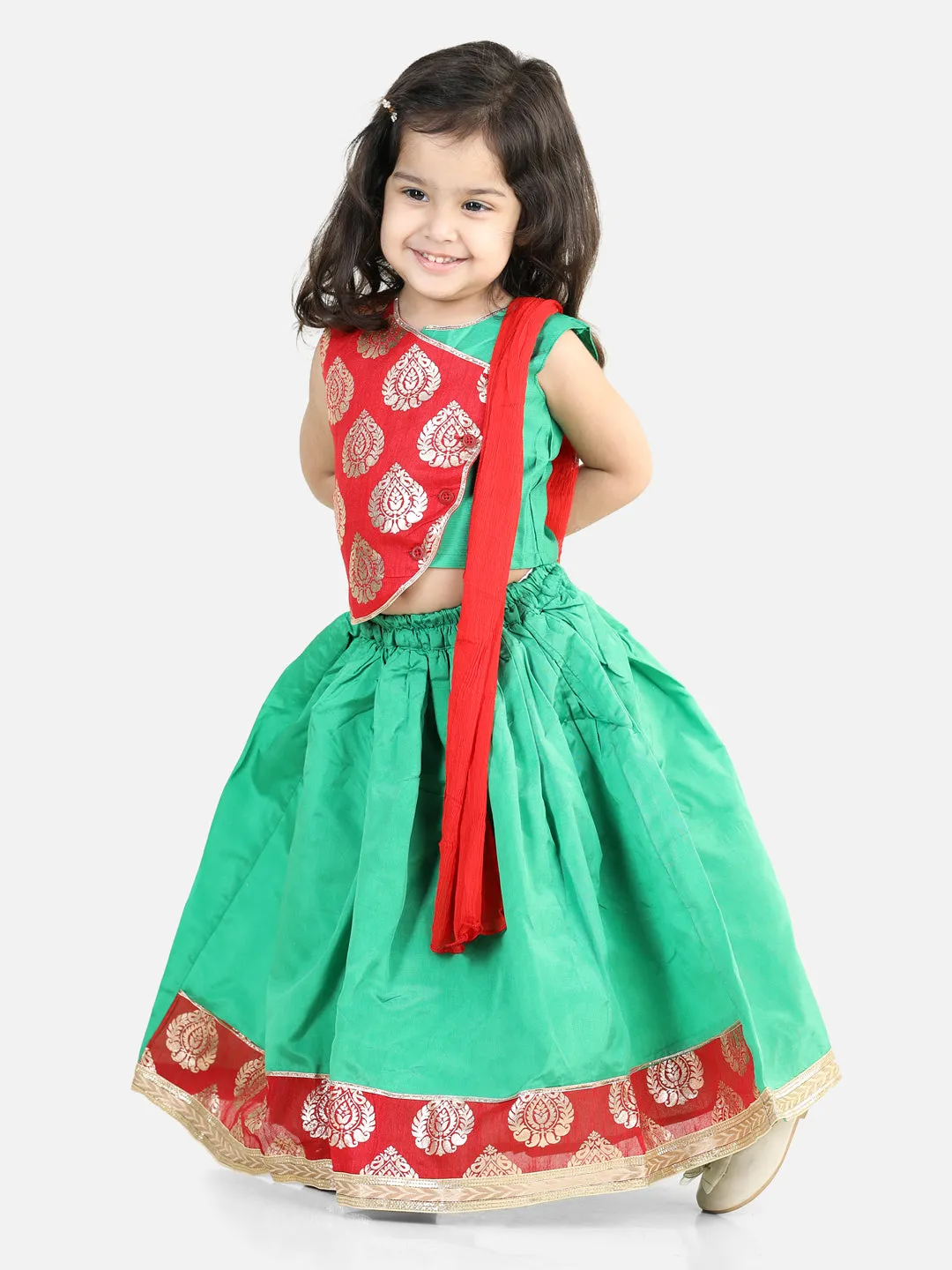 Girls Round Panel Foil Print Lehenga with Dupatta- Green