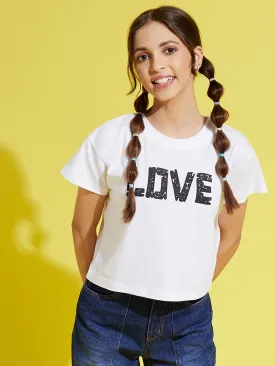 Girls White Love Print Crop T-Shirt