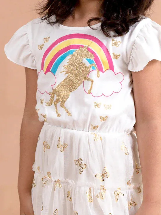 Girls White Unicorn Printed Fit Flare Net Dress