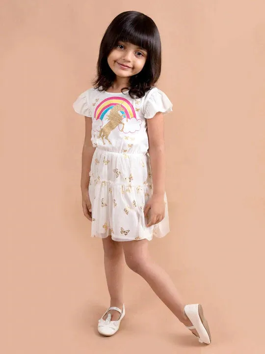 Girls White Unicorn Printed Fit Flare Net Dress