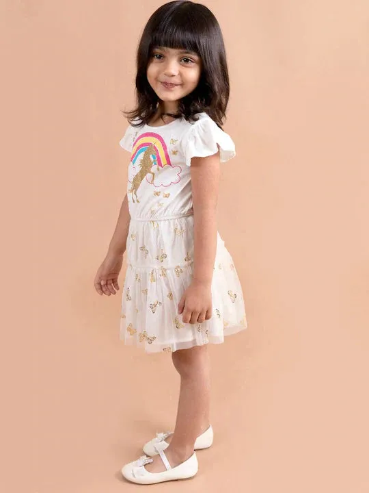 Girls White Unicorn Printed Fit Flare Net Dress