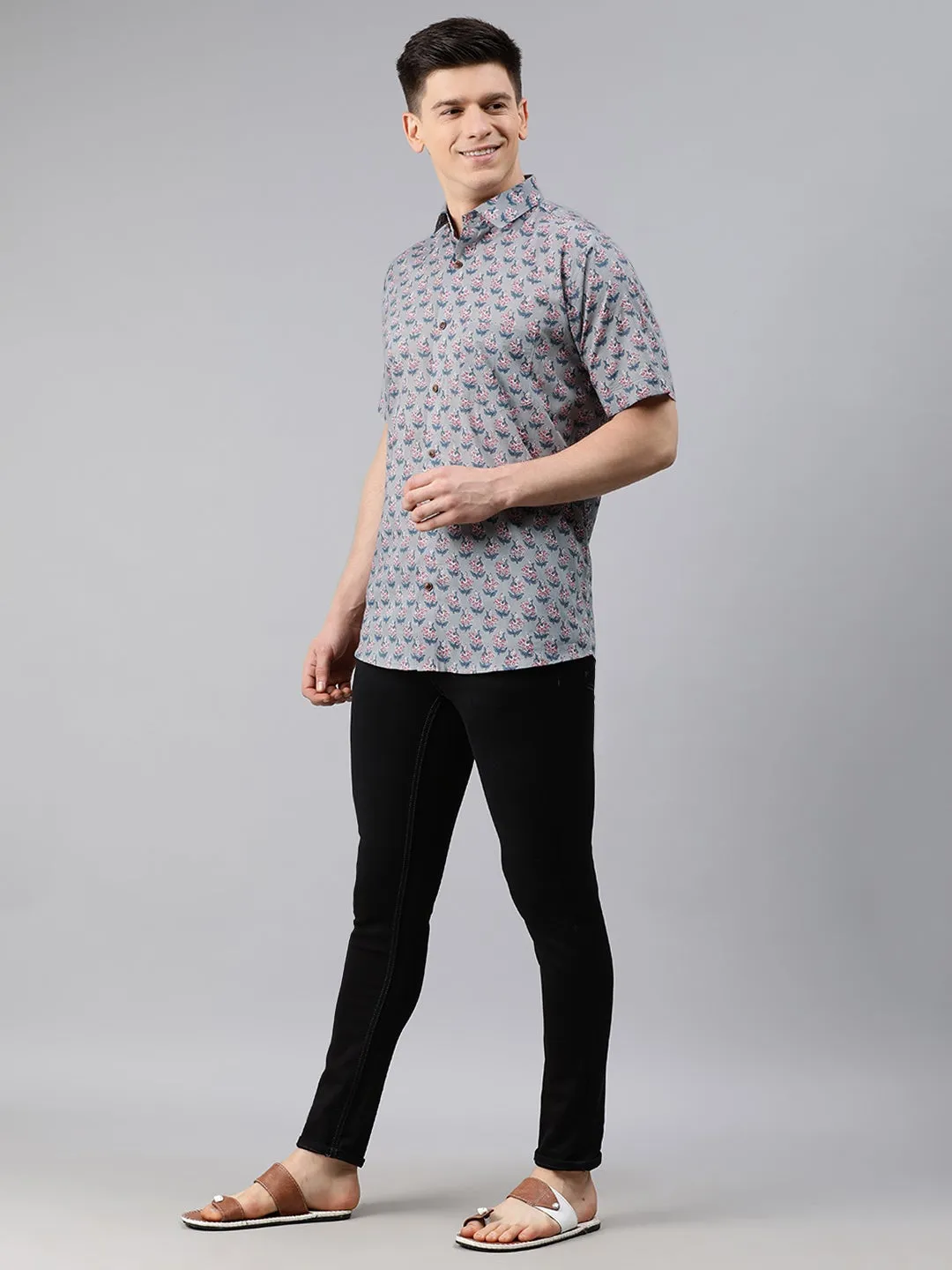 Gray Cotton Short Sleeves Shirts For Men-Mmh002