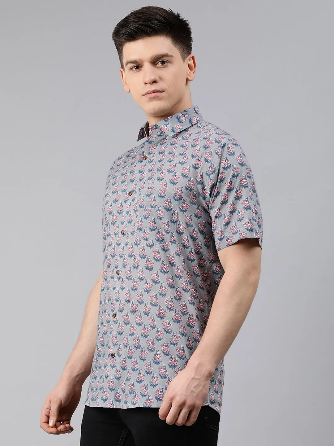 Gray Cotton Short Sleeves Shirts For Men-Mmh002