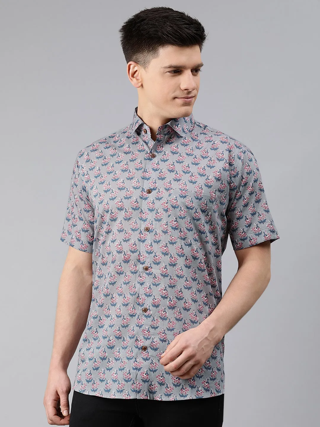 Gray Cotton Short Sleeves Shirts For Men-Mmh002