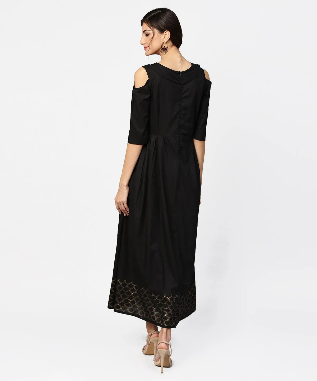 Green Block Printed Maxi Dress With Cape Collar And Cold Shoulders