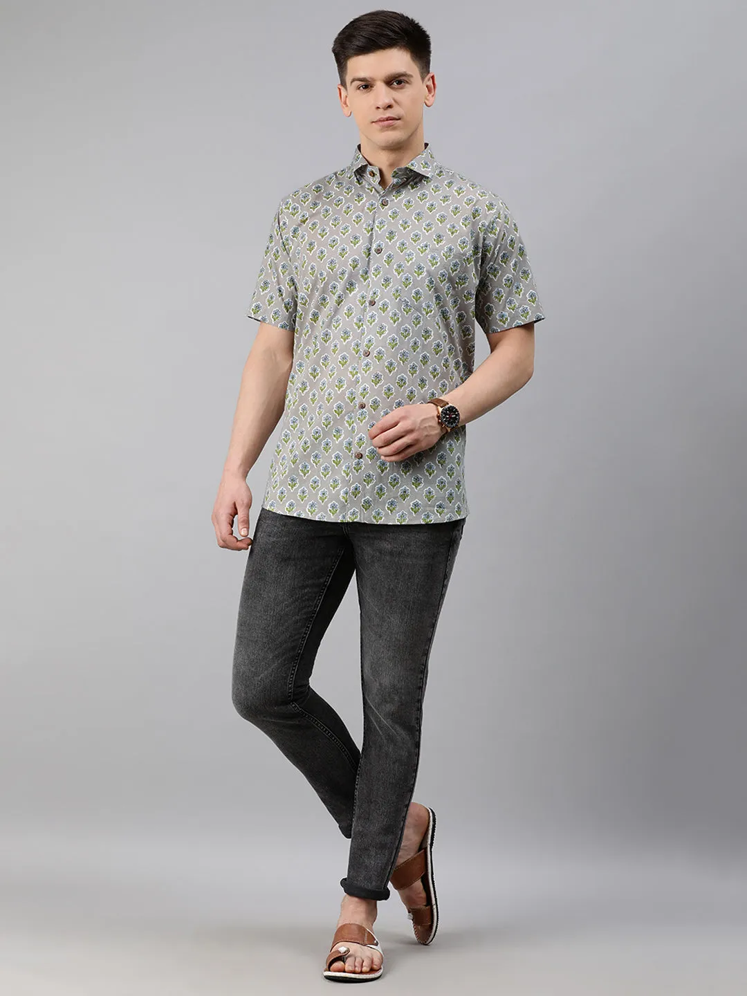 Grey Cotton Short Sleeves Shirts For Men-Mmh032