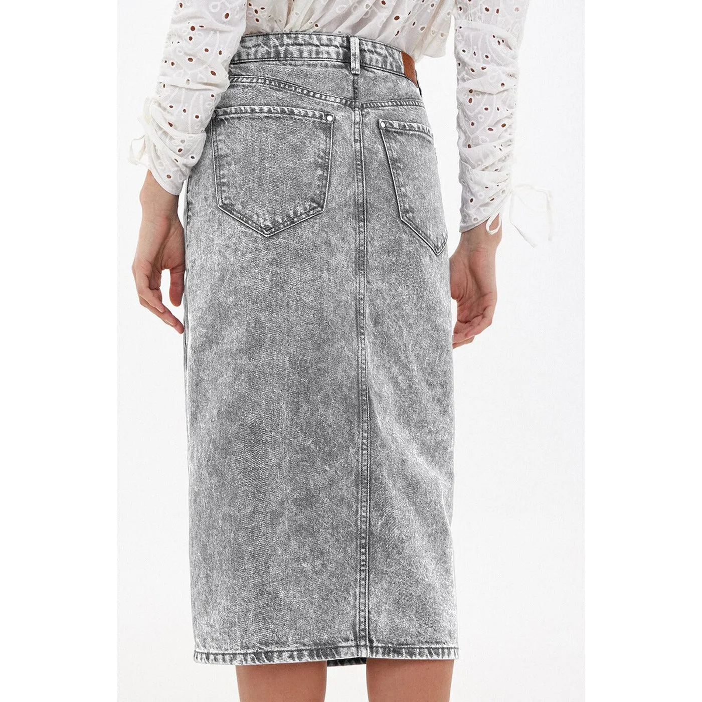 Grey Front Slit Denim Skirt