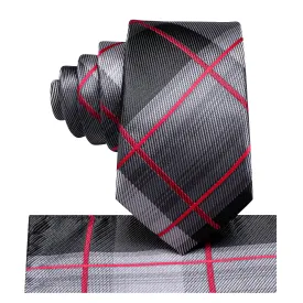 Grey Red Plaid Children's Kids Boys Tie Pocket Square 6cm