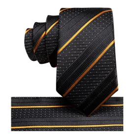 Hi-Tie Black Golden Striped Children's Kids Boys Tie Pocket Square 6cm