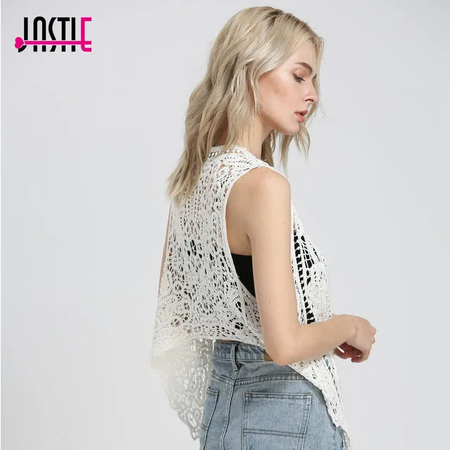 Jastie Asymmetric Open Stitch Cardigan Summer Beach Boho Hippie People Style Crochet Knit Embroidery Blouse sleeveless Vest