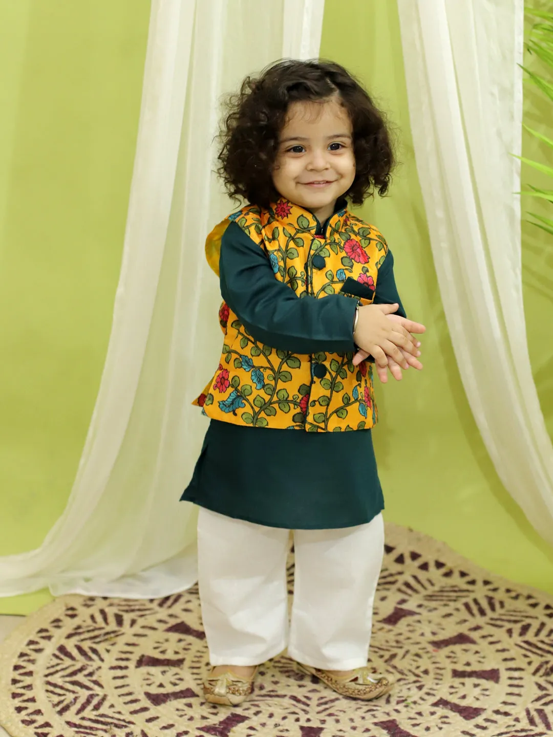 Kalamkari Print Jacket with Kurta Pajama for Boys- Yellow