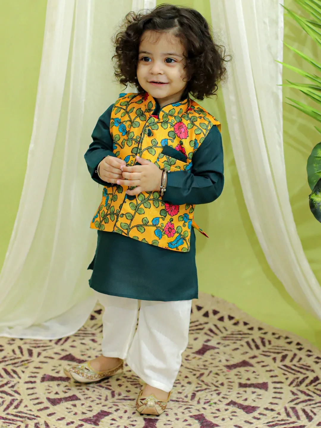 Kalamkari Print Jacket with Kurta Pajama for Boys- Yellow