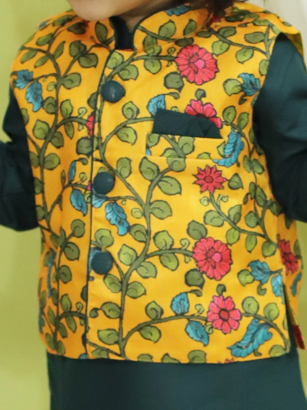 Kalamkari Print Jacket with Kurta Pajama for Boys- Yellow