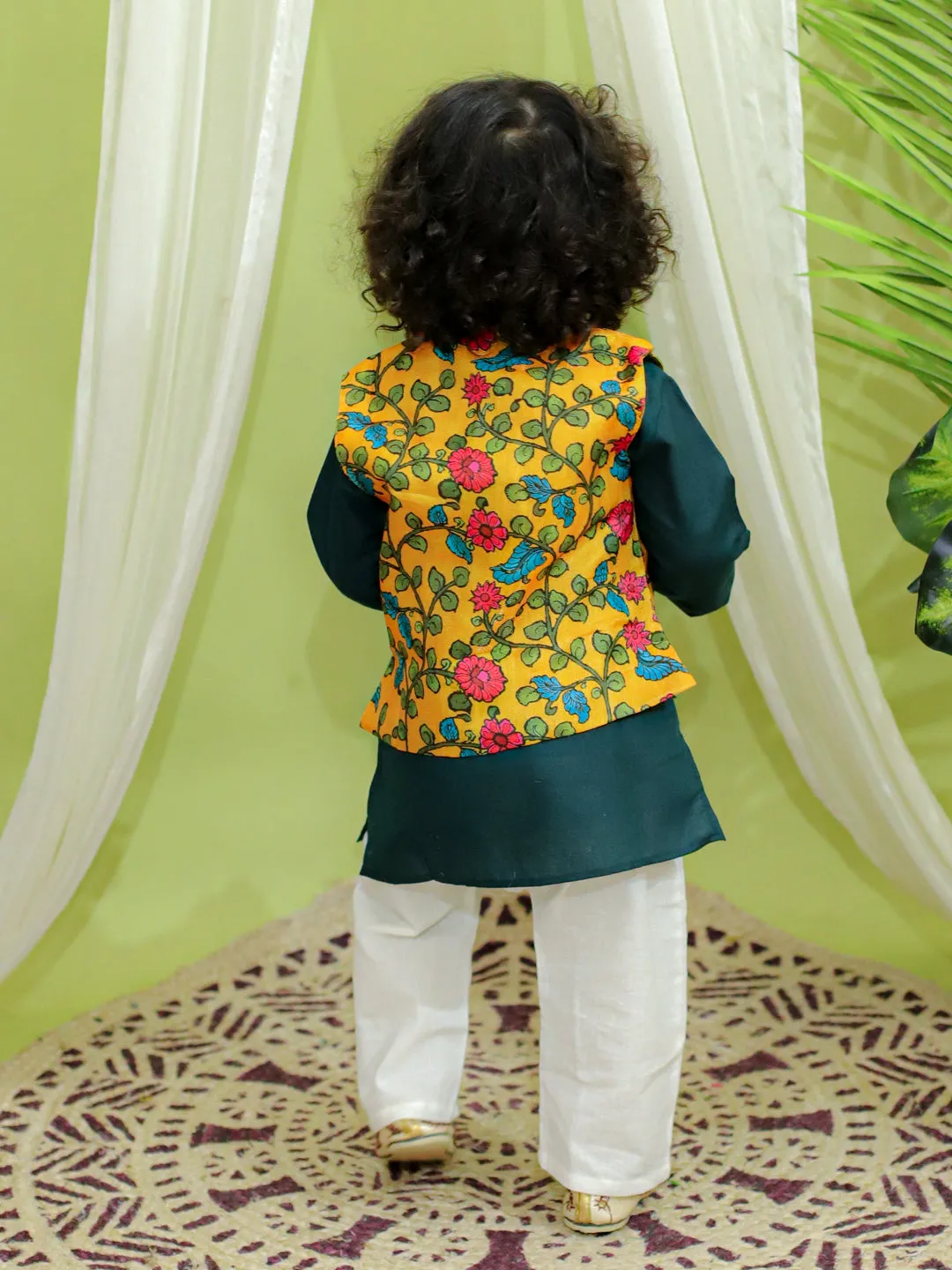 Kalamkari Print Jacket with Kurta Pajama for Boys- Yellow