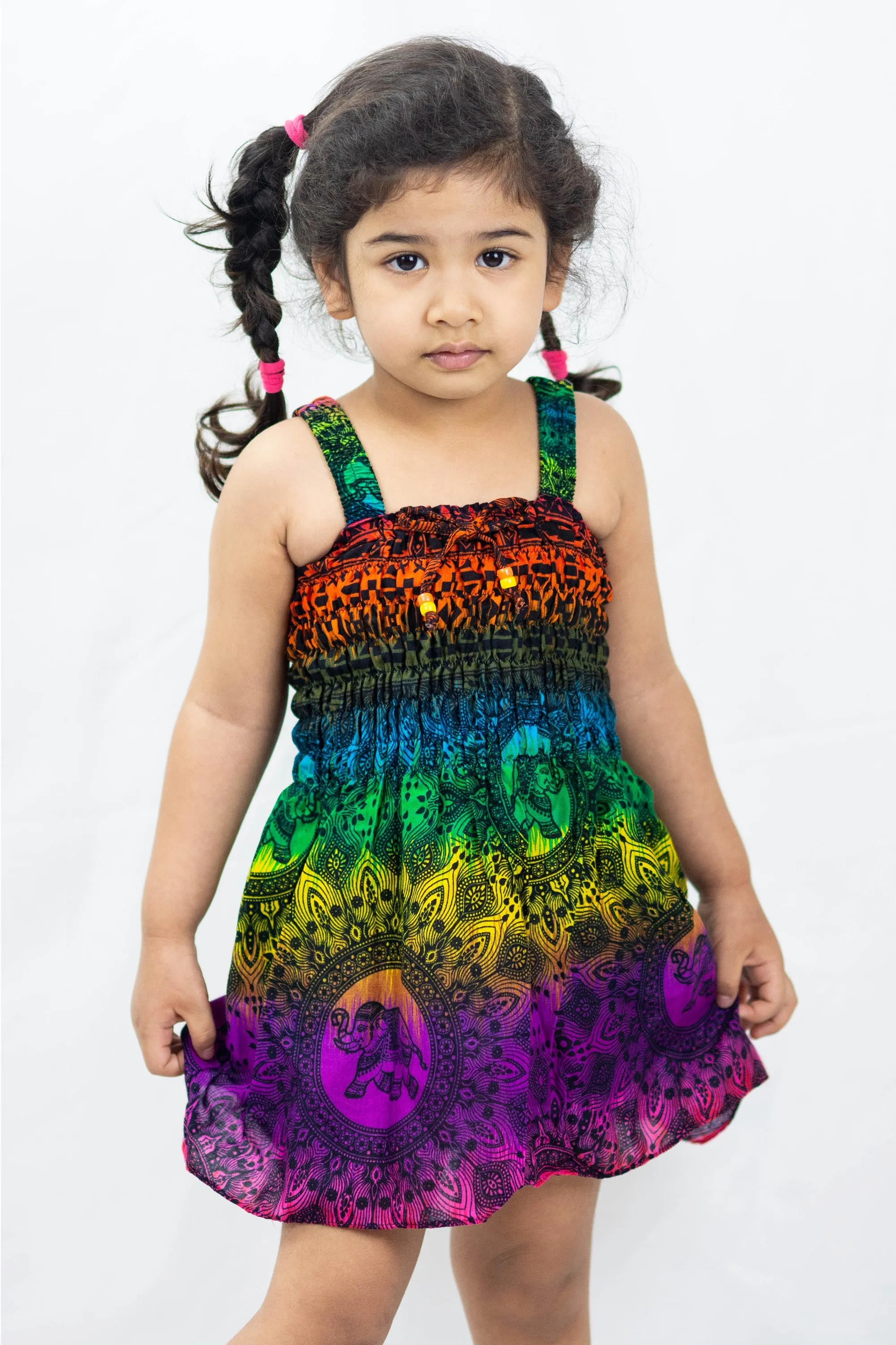 Kids Rainbow Elephant Smock Dress in Purple