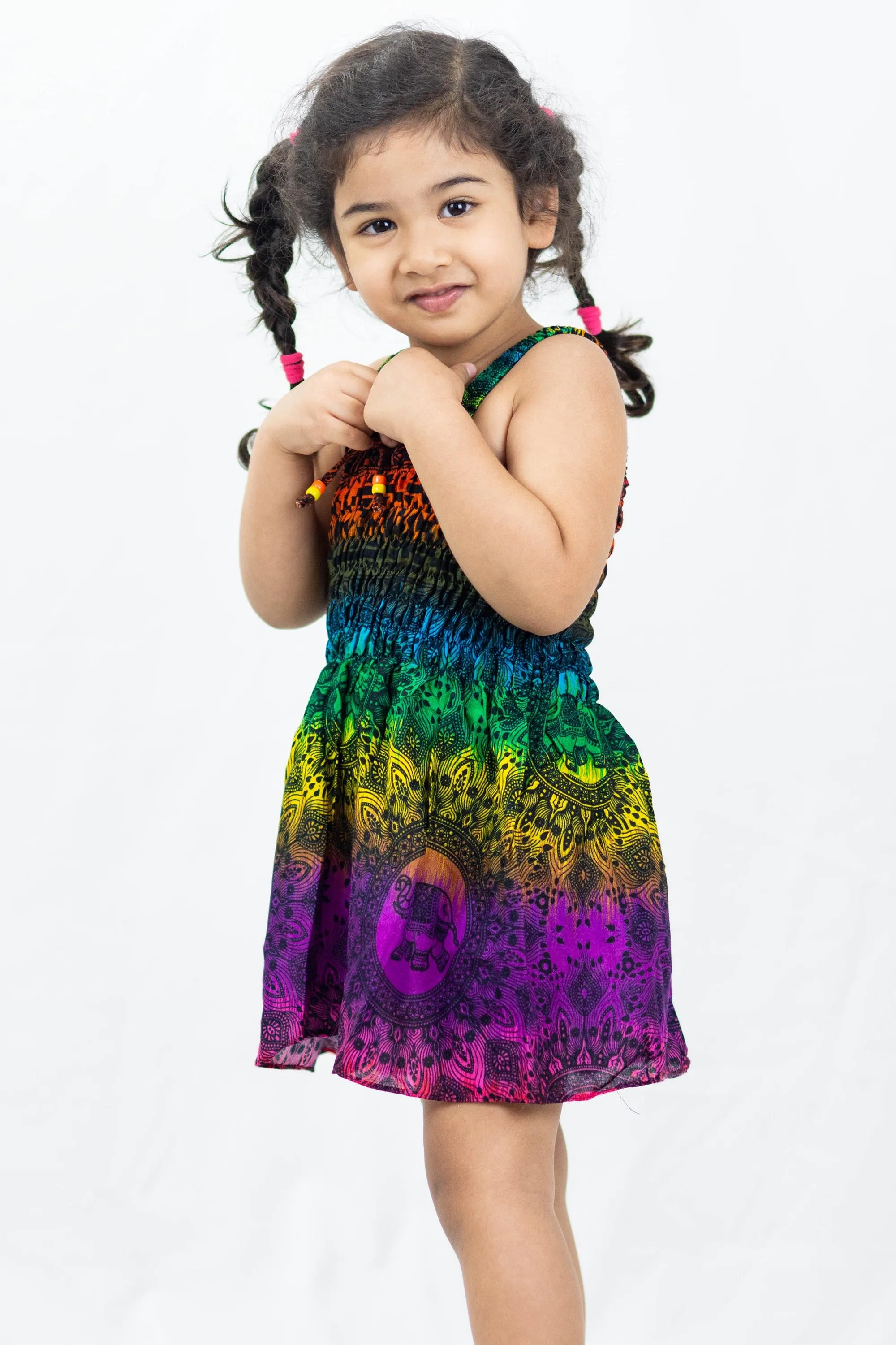 Kids Rainbow Elephant Smock Dress in Purple