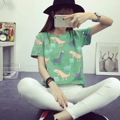 Korean Retro Animal Dinosaur Printing T shirt Women 2017 Summer Japanese Harajuku Style Short-sleeved T-shirt Woman Tops S-XL