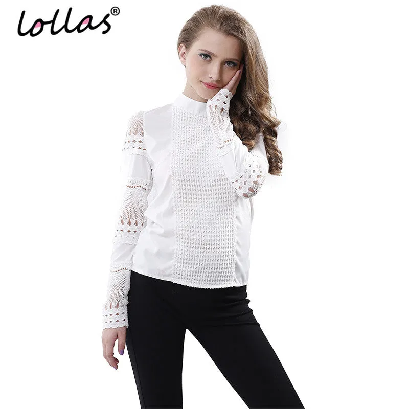 lollas S-5XL New Fashion Spring Autumn Women White Lace blouses Cutout Long-sleeve Shirt OL Work Wear Women Blouse Tops