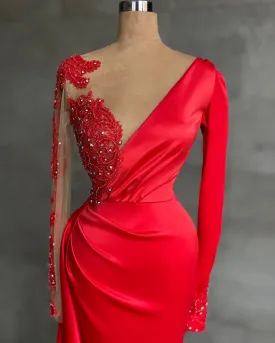 Long Red Satin Evening Dresses, Sheer Neckline Long Sleeve Beaded African High Slit Women Formal Prom Dress