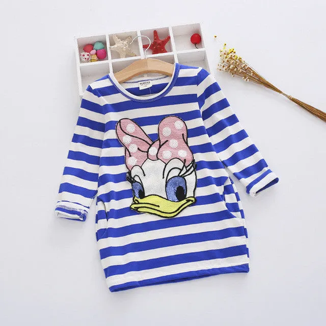 Malayu Baby 2016 latest summer girls striped dress children cartoon Donald Duck, the two sides in my pocket dress 2-7 years A122