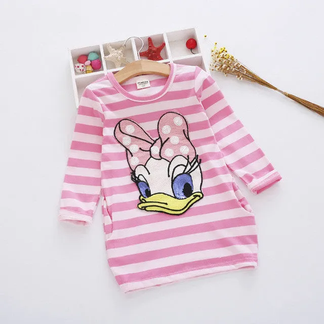 Malayu Baby 2016 latest summer girls striped dress children cartoon Donald Duck, the two sides in my pocket dress 2-7 years A122