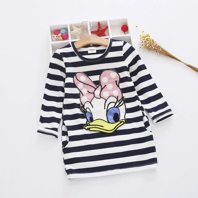 Malayu Baby 2016 latest summer girls striped dress children cartoon Donald Duck, the two sides in my pocket dress 2-7 years A122