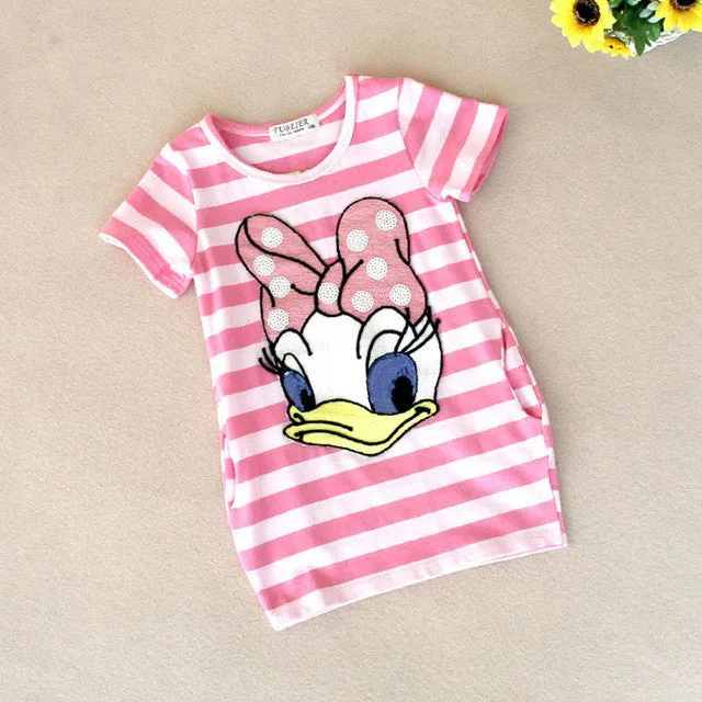 Malayu Baby 2016 latest summer girls striped dress children cartoon Donald Duck, the two sides in my pocket dress 2-7 years A122