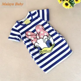 Malayu Baby 2016 latest summer girls striped dress children cartoon Donald Duck, the two sides in my pocket dress 2-7 years A122