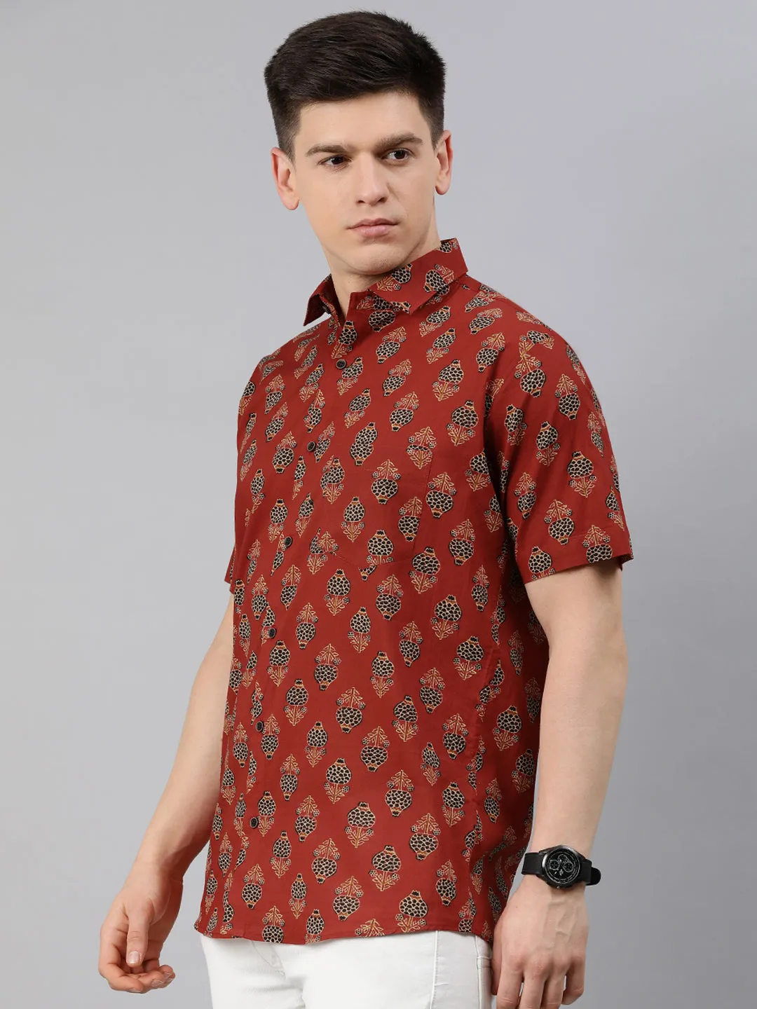 Maroon Cotton Short Sleeves Shirts For Men-Mmh006