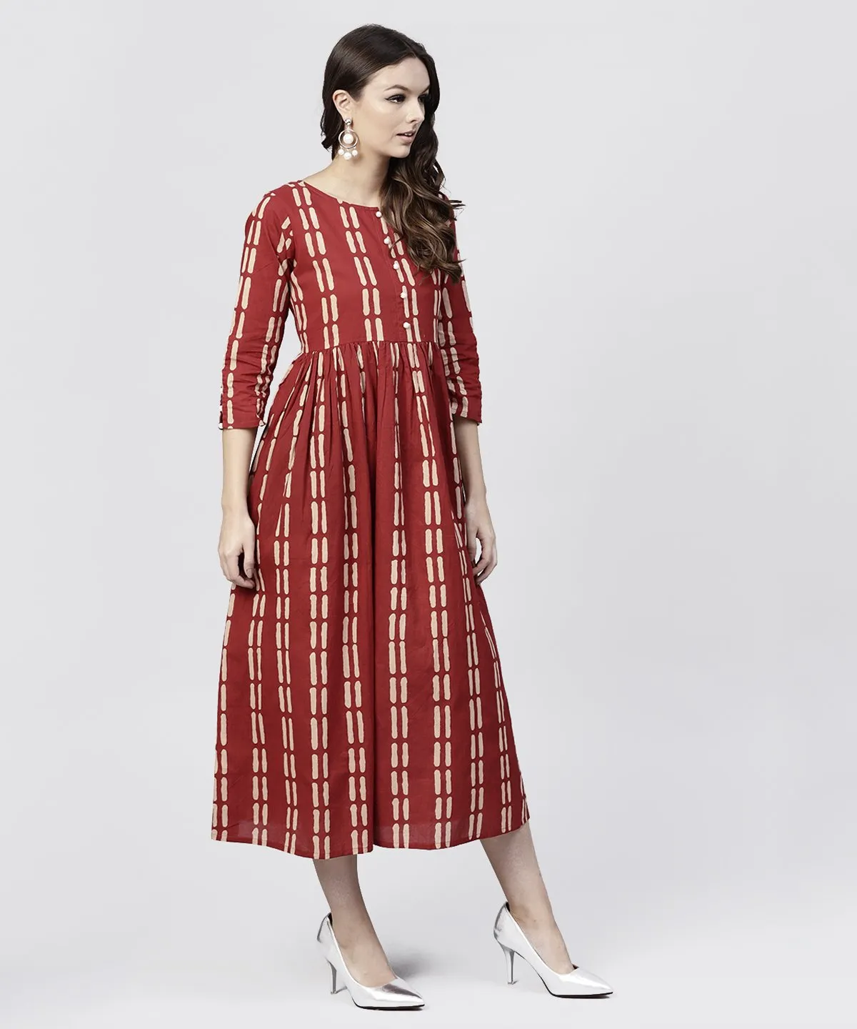 Maroon Printed Cotton Maxi Dress With 3/4 Sleeve Emblished With Pearls