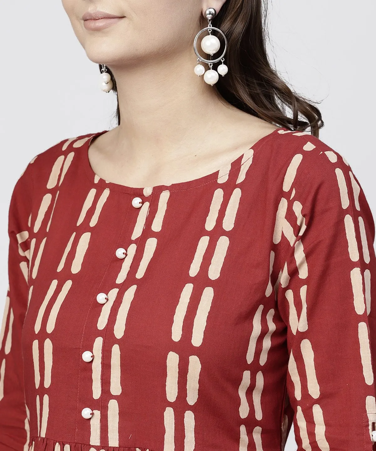 Maroon Printed Cotton Maxi Dress With 3/4 Sleeve Emblished With Pearls