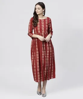 Maroon Printed Cotton Maxi Dress With 3/4 Sleeve Emblished With Pearls