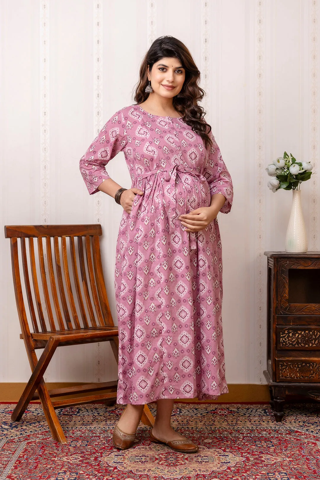 Mauve Printed Maternity Dress For Women